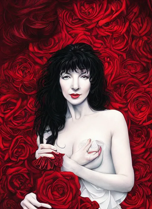 Prompt: portrait of kate bush against a red velvet background, lush black hair, pale skin, white roses, flowing material, intricate, beautiful cinematic lighting, stuning painting by artgerm and caravaggio and android jones