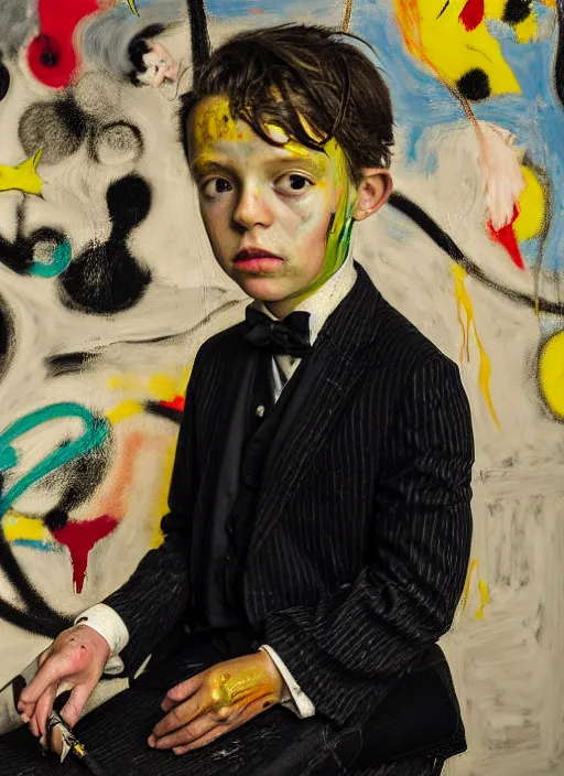 Prompt: portrait of a child piano player in tuxedo painted by vincent lefevre and hernan bas and pablo amaringo and pat steir and hilma af klint, psychological, photorealistic, dripping paint, washy brush, rendered in octane, altermodern, masterpiece