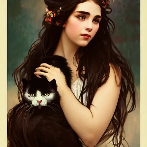 Image similar to girl with long dark hair thick eyebrows and dark eyes, she is holding a cat in her arms, by juan villafuerte, greg rutkowski and alphonse mucha, pexels contest winner, high quality photo, rtx, hd