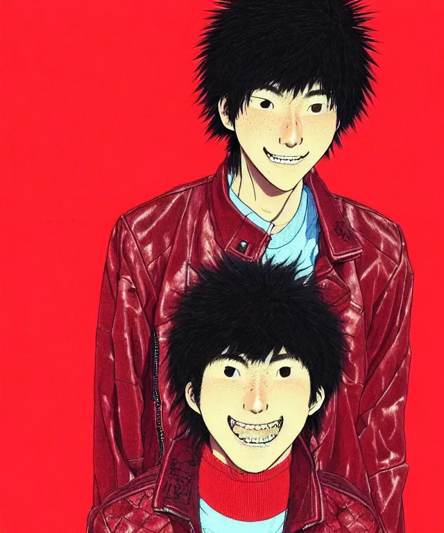 Image similar to a half - body portrait of a happy teenage japanese man, his hair is messy and unkempt, he is wearing an embroidered red leather jacket, dynamic background, a masterful illustration by otomo katsuhiro and terada katsuya and kim jung gi!!, realistic proportions!!, correct anatomy!!, high camera angle!!