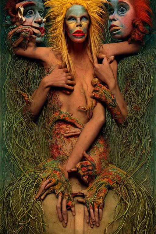 Image similar to 35mm color, humans enslaved by machines, portrait, fashion shoot, freak show, weird, random, strange, hyperdetailed, photorealistic, interesting, by David la chapelle and karol bak and david cronenberg and WETA digital, art by Zdzisław Beksiński, Ivan Bilibin, Dariusz Zawadzki , ID magazine, octane rendering, cinematic, hyperrealism, octane rendering, 8k, depth of field, bokeh.