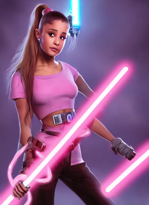 Image similar to Still action photo of Ariana Grande in the Star Wars universe holding two pink lightsabers in each hand. Maximum detail on artstation, photo realism, vivd details, vivd colour, volumetric lighting