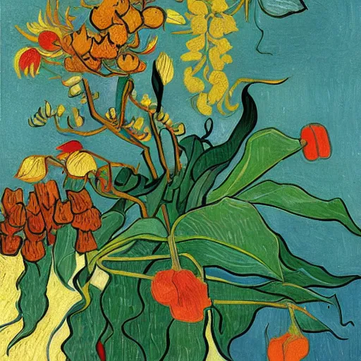 Prompt: a colorful illustration of the coffee plant and flowers, detailed patters, in the style of Japanese illustration, Van Gogh, Matisse, Caravaggio