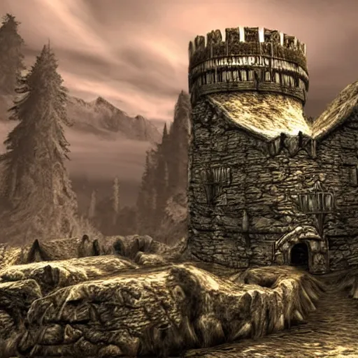 Prompt: Elder Scrolls Skyrim castle tower that is shaped like a fox head, digital art