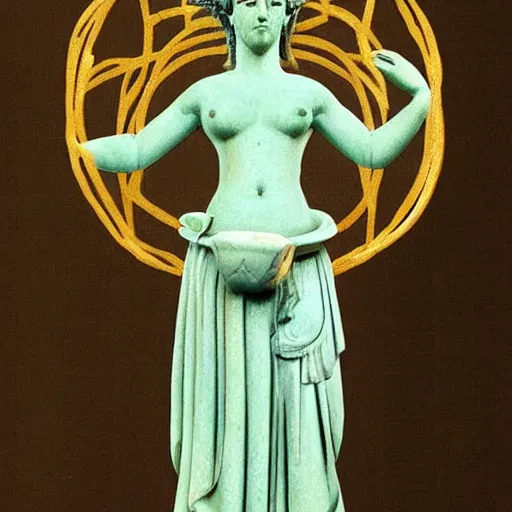 Image similar to “Ancient Greek goddess statue made of ceramics in celadon glaze, concept art, stylized”