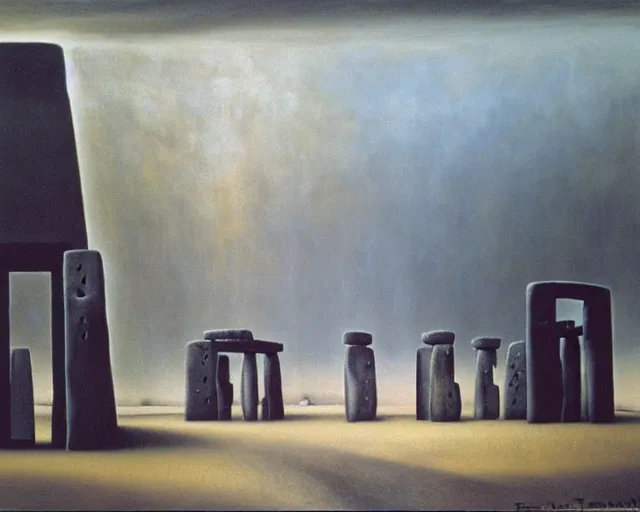 Prompt: painting of Stonehenge by Yves Tanguy, underneath a painting of a spaceship by Beksinski