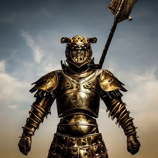 Image similar to warrior with metal tiger armour , highly detailed, dramatic lighting, cinematic, 4k