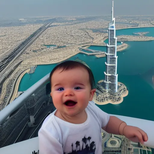 Image similar to hyper realistic baby standing at the top of burj khalifa and the background is the view of the sea photography