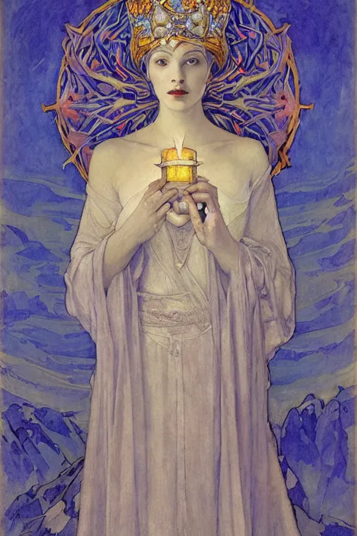 Image similar to queen of the winter with her lantern, by Annie Swynnerton and Nicholas Roerich and jean delville, dramatic cinematic lighting , ornate headdress , flowing robes, lost civilizations, smooth, sharp focus, extremely detailed