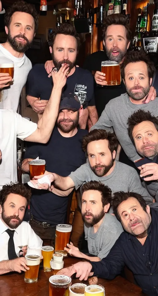 Image similar to charlie day, rob mcelhenney, glenn howerton, kaitlin olson, and danny devito are drinking beer together at a pub