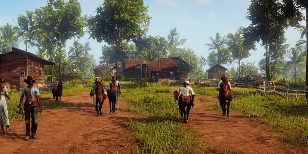 Prompt: a typical kerala village in the style of red dead redemption 2