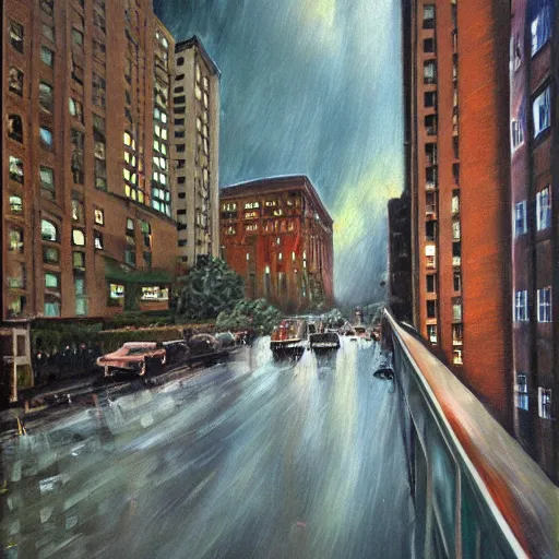 Image similar to full color ultra realistic painting of a balcony view of 1 9 2 5 boston downtown with a broken and distorted sky, dark, brooding, night, atmospheric, ultra - realistic, smooth, highly detailed