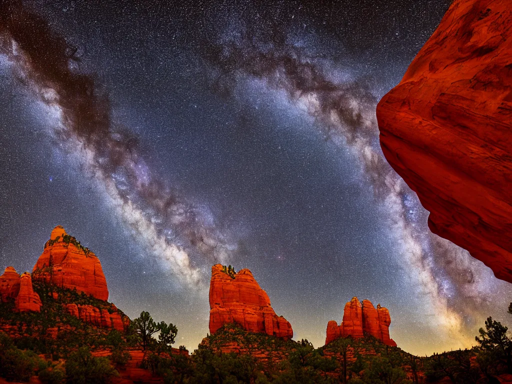 Image similar to sedona's cathedral rock bluff, night, milky way, intricate lines, elegant, extreme detail, sharp focus, photo realistic, ultra realistic, photographic