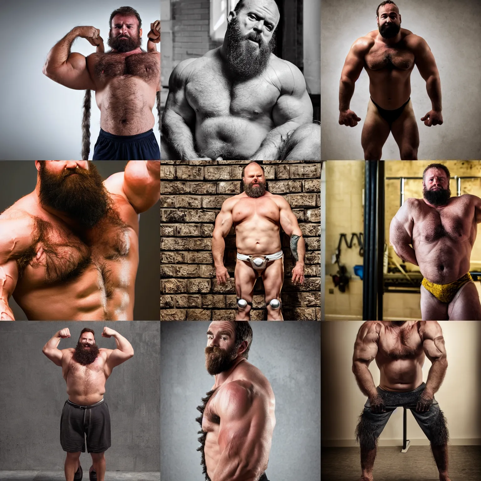 Prompt: big hairy shirtless strongman cyborg butler standing still in a flexing position, waiting for orders. photography, full body, high resolution