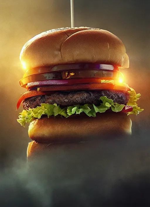 Image similar to “burger gone wild, mega detailed, volumetric lighting, beautiful, golden hour, sharp focus, ultra detailed, cgsociety by Leesha Hannigan, Ross Tran, Thierry Doizon, Kai Carpenter, Ignacio Fernández Ríos, noir photorealism, film”