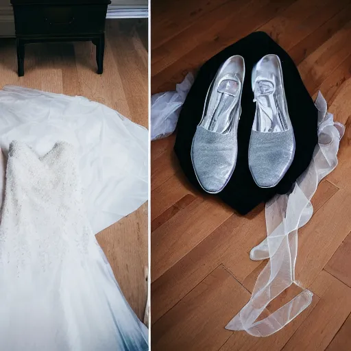 Prompt: a bedroom floor with a wedding dress discarded in a heap and a suit on the floor