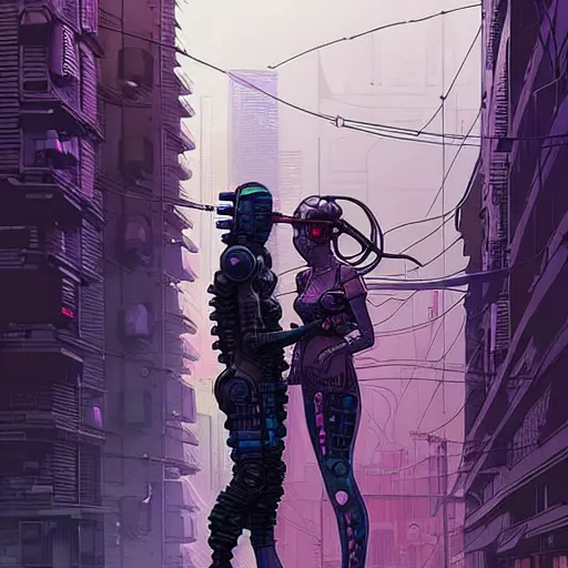 Image similar to A cyberpunk couple has an intimacy on the street of a cyberpunk city art by Josan Gonzalez, sci-fi, highly detailed, digital painting, artstation, smooth, sharp focus, illustration, concept art by Josan Gonzalez and James Gurney and Mœbius