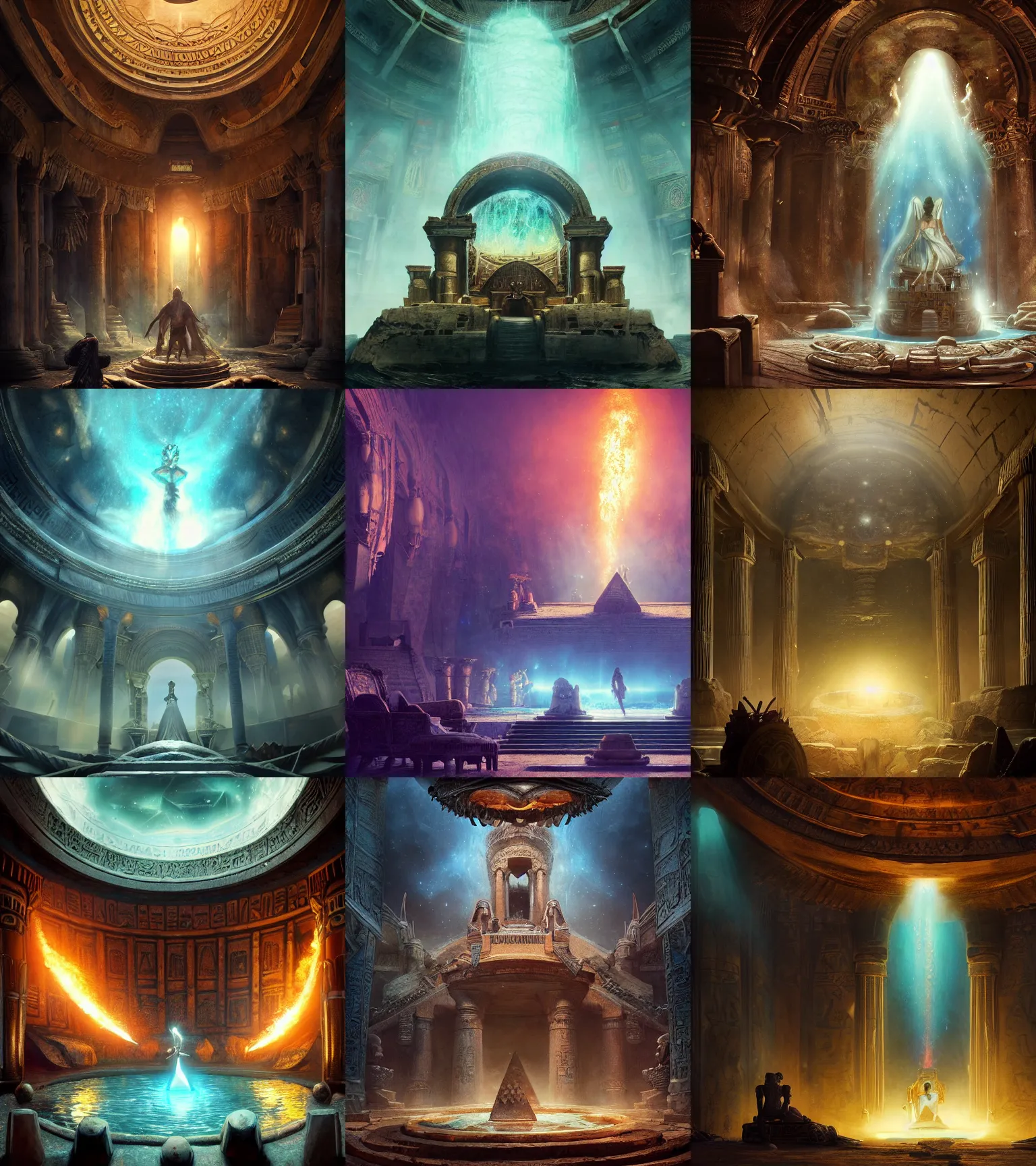 Image similar to fantasy movie scene raymond swanland and greg rutkowski detailed digital art of an ornate and royal egyptian antechamber tomb, cleopatra in a circular pool with an erupting galaxy, epic atmosphere, sharp sunray lighting, unreal engine, hyper realism, realistic shading, cinematic composition, blender render, octane render, hdr, detailed textures, photorealistic, ultrawide shot, 3 5 mm film