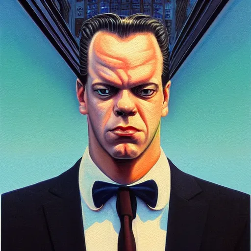 Prompt: vaporwave agent smith art deco portrait, an ultrafine detailed painting by rafal olbinski, thomas cole, behance contest winner, pop surrealism, detailed painting, very detailed, minimalist, skeuomorphic, airbrush art