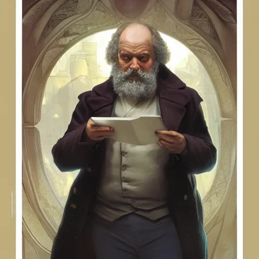 Prompt: portrait of Karl Marx pondering his orb, highly detailed, digital painting, artstation, concept art, smooth, sharp focus, illustration, art by magalie villeneuve and alan lee and artgerm and greg rutkowski and alphonse mucha