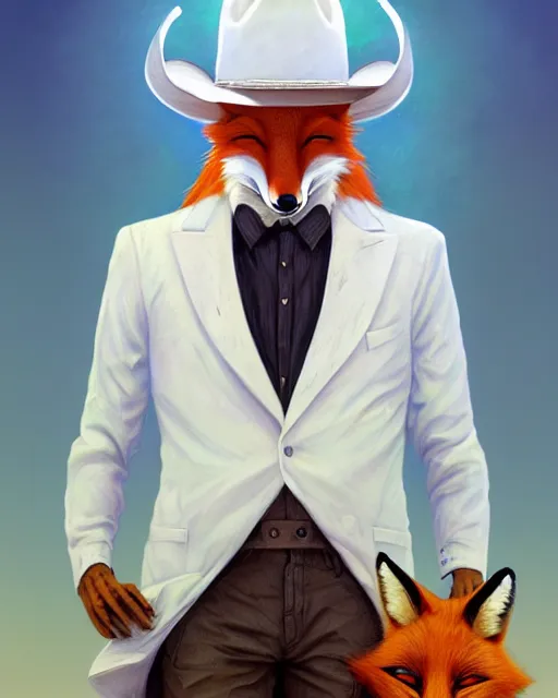 Prompt: anthropomorphic art of a fox wearing a white suit, white cowboy hat, and sunglasses, texas inspired clothing by artgerm, victo ngai, ryohei hase, artstation. highly detailed digital painting, smooth, global illumination, fantasy art by greg rutkowsky, karl spitzweg