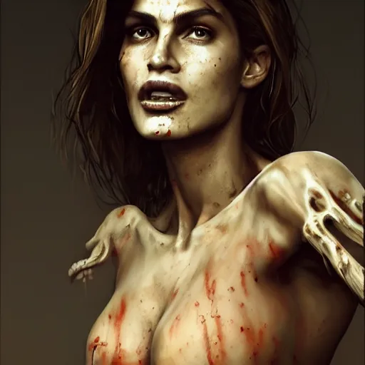 Prompt: portrait of young cindy crawford as a zombie, 7 days to die zombie, fine art, award winning, intricate, elegant, sharp focus, cinematic lighting, highly detailed, digital painting, 8 k concept art, art by guweiz and z. w. gu, masterpiece, trending on artstation, 8 k