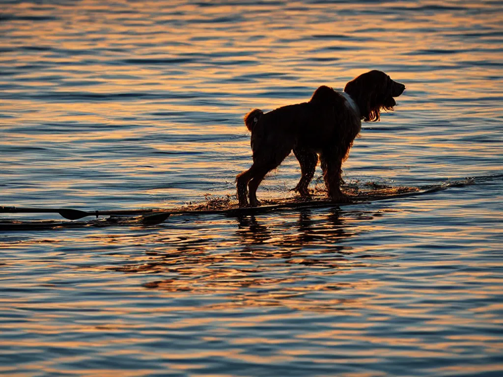 Image similar to a brown springer spaniel stood in a kayak, sunrise, beautiful early light, golden hour