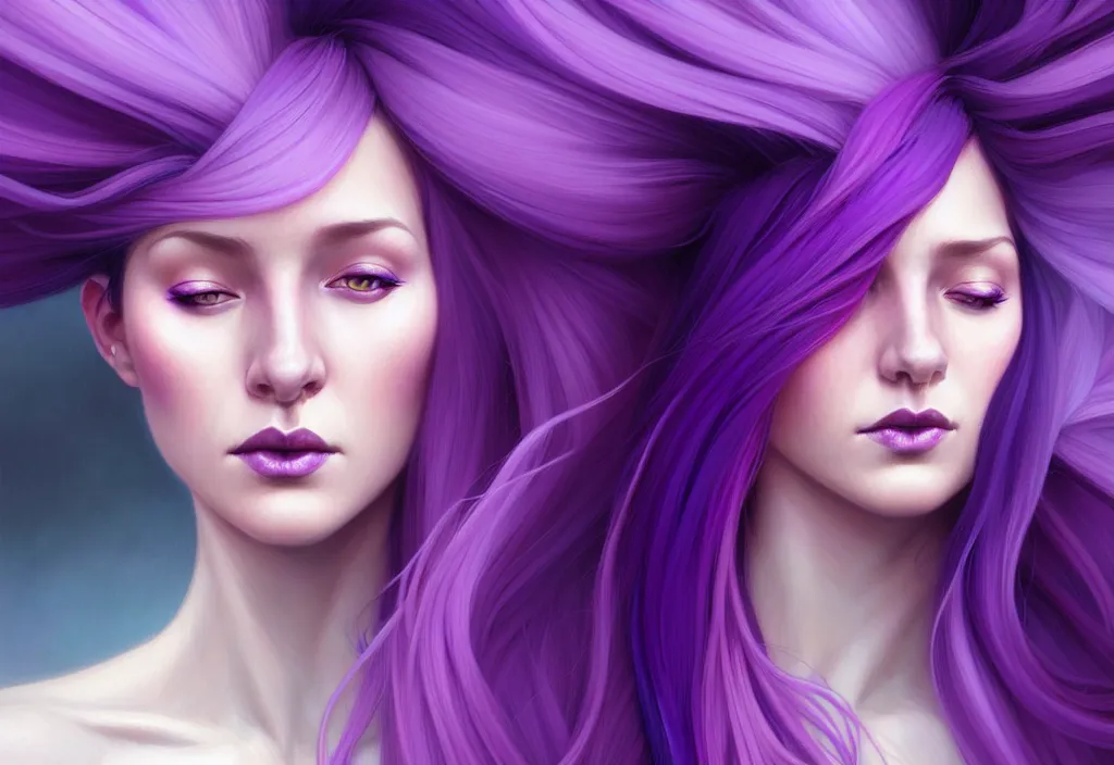 Image similar to Purple hair relistic Portrait of a two woman with bright colored flying hair, all shades of purple. Beauty face, Hair coloring, fantasy, intricate, elegant, highly detailed, digital painting, artstation, concept art, smooth, sharp focus, illustration, art by artgerm and greg rutkowski and alphonse mucha