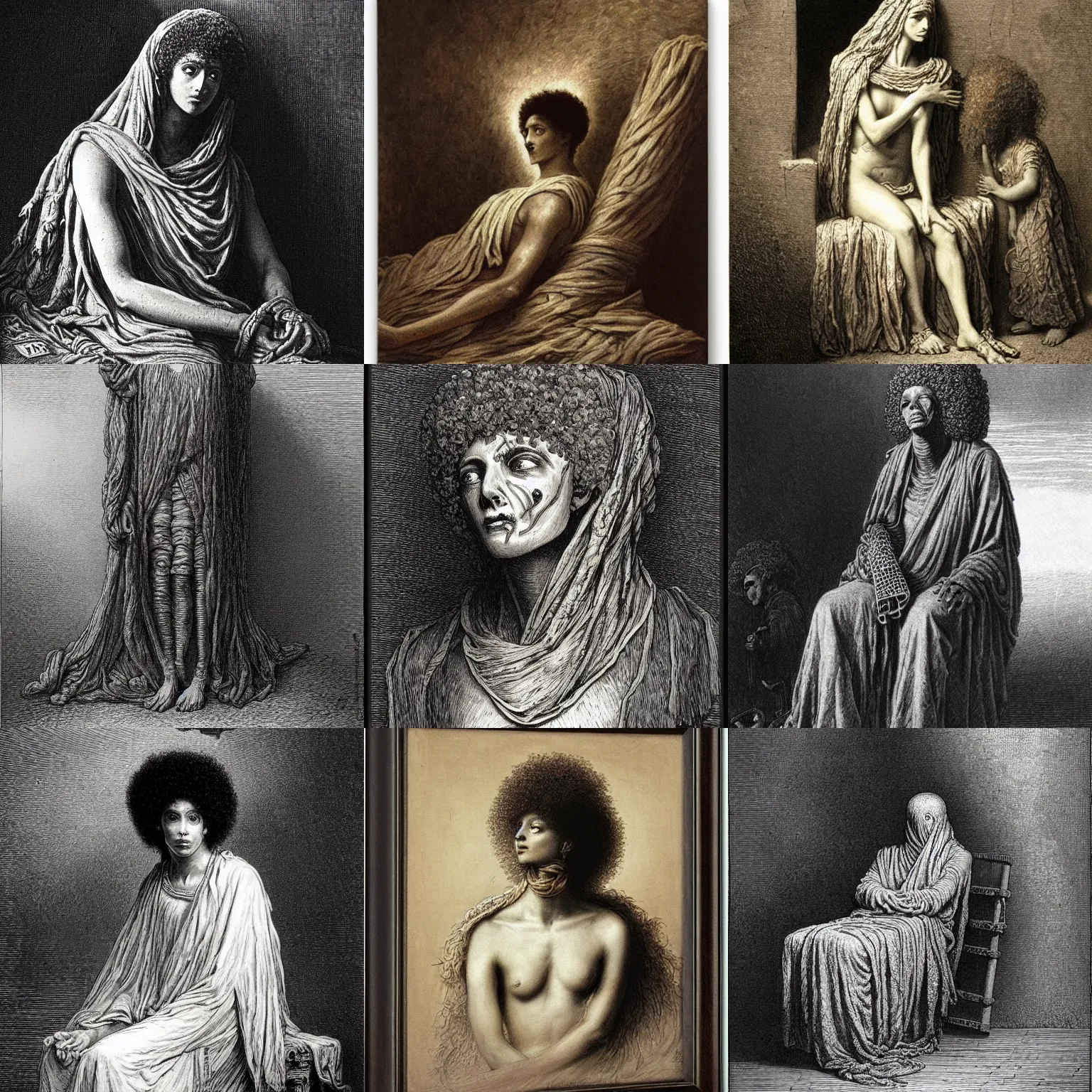 Prompt: a mummy with an afro by gustave dore