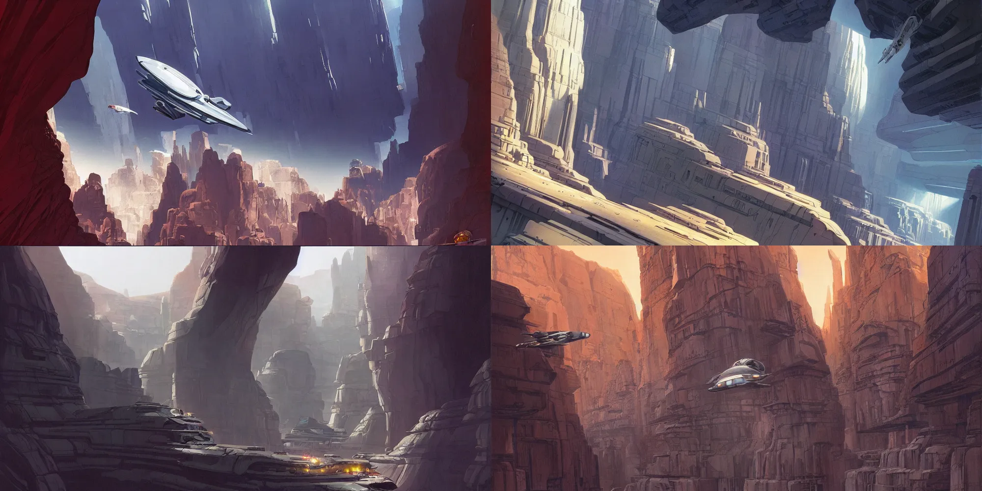 Prompt: a beautiful illustration of a space ship flying through a city in a canyon on another world by Ralph McQuarrie| sparth:.2 | Time white:.4 | Rodney Mathews:.2 | Graphic Novel, Visual Novel, Colored Pencil, Comic Book:.2