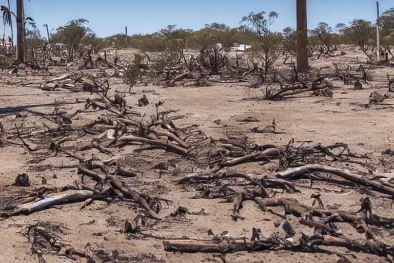 Prompt: film still of the main street in a shanty town, fishing village, set in outback australia, dead trees, dry cracked land, flooded ground, skulls on the ground, bones on the ground, weeds