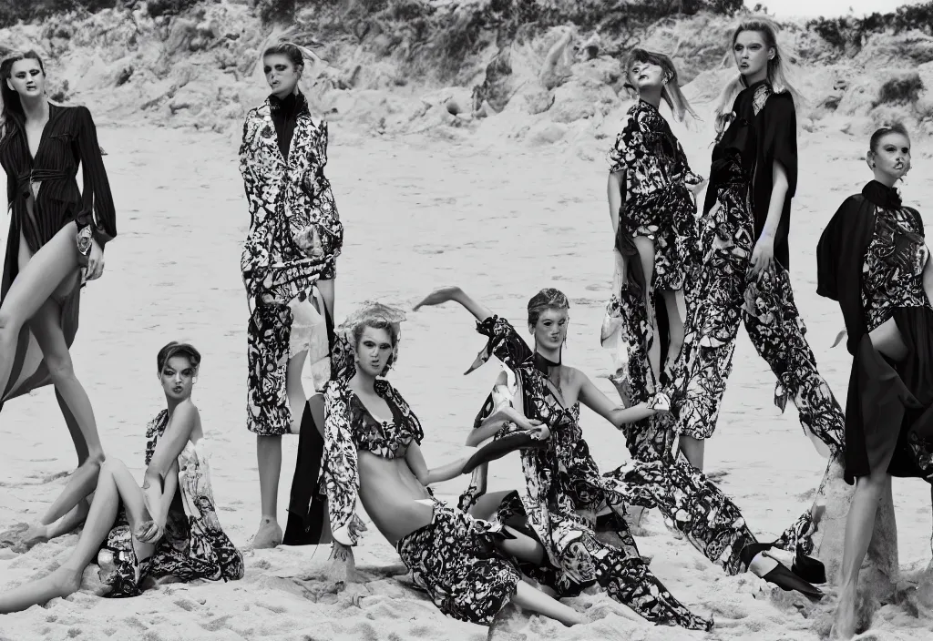 Image similar to fashion editorial in front of tsunami, on the beach.