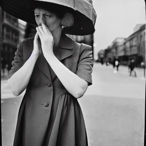 Image similar to photo of a woman in a dress by vivian maier. professional photography.