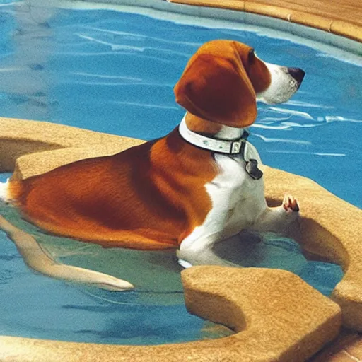 Prompt: beagel, swimming in a pool, realistic