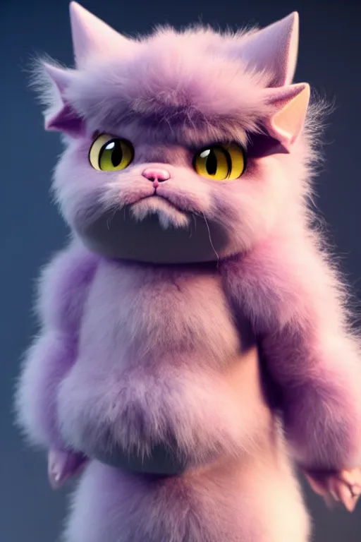 Prompt: high quality 3 d render hyperrealist very cute pastel fluffy! grumpy gargoyle cat hybrid with cyber - medieval armor, vray smooth, in the style of detective pikachu, hannah yata charlie immer, dramatic pink light, low angle, uhd 8 k, sharp focus