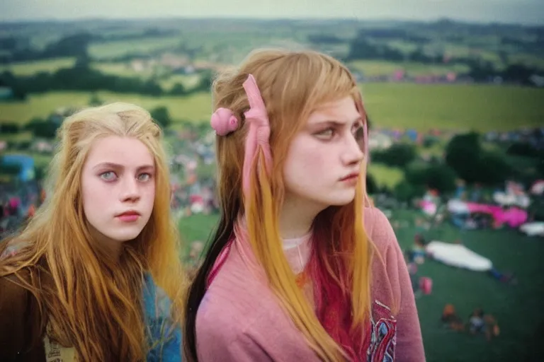 Image similar to candid photo of teenager girls first trip to Glastonbury, UK, Kodak Portra 200,8K,highly detailed: beautiful perspective closeup environmental portrait photo in style of 2000s retrofuturism, cinema lighting , by beksinski, photography fashion edition, tilt shift, highly detailed, focus on man ;blonde hair;blue eyes, clear eyes, soft lighting