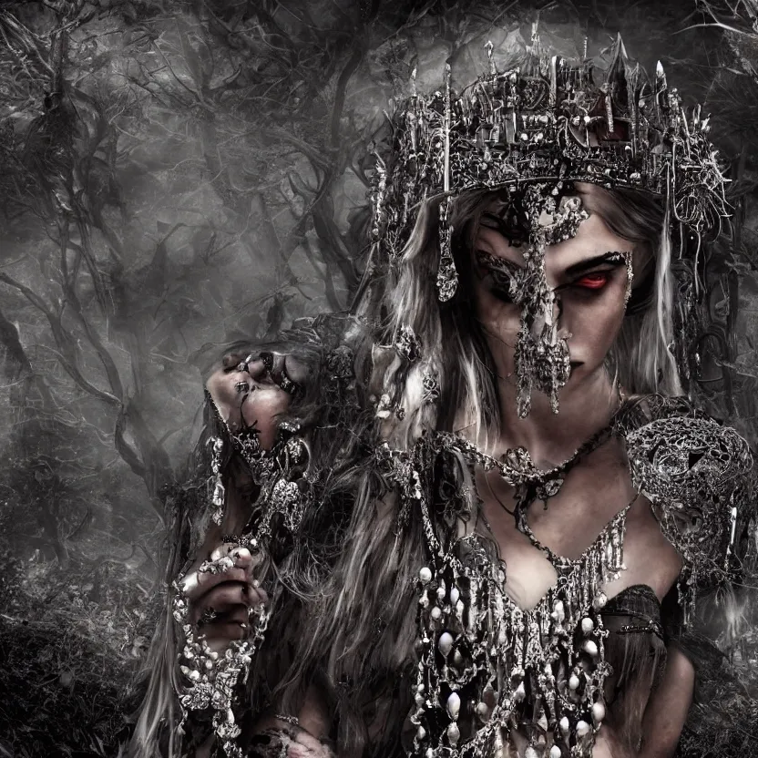 Image similar to A stunning Gothic goddess of jewels in an empty land, dark and mysterious, atmospheric, ominous, eerie, cinematic, Epic, 8k, 4k, ultra detail, ultra realistic, rendered by awesomeness