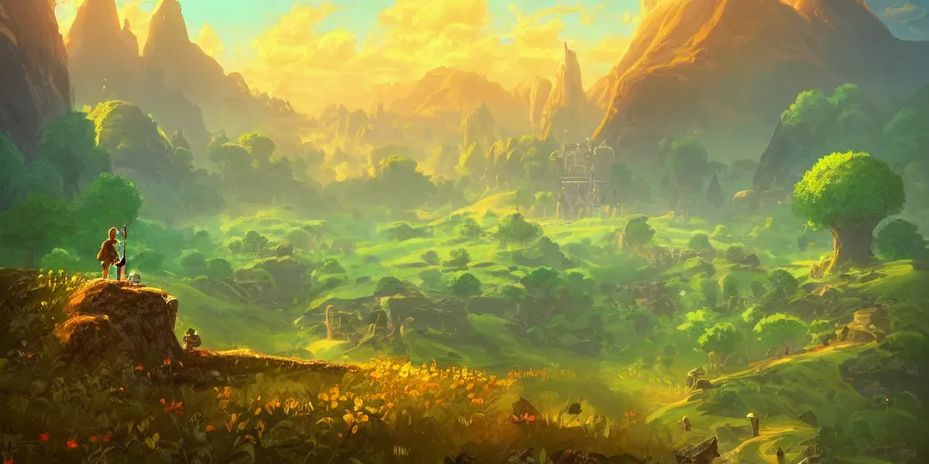 Prompt: a beautiful digital matte painting of a verdant fantasy countryside, breath of the wild, hyrule, inspired by cyril rolando, david wiesner, many golden layers, orange color tone, very far royal steampunk castle, cgsociety, dappled sunlight, trending on artstation, azure sky