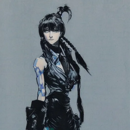 Image similar to regal - looking woman with pigtails, yoji shinkawa