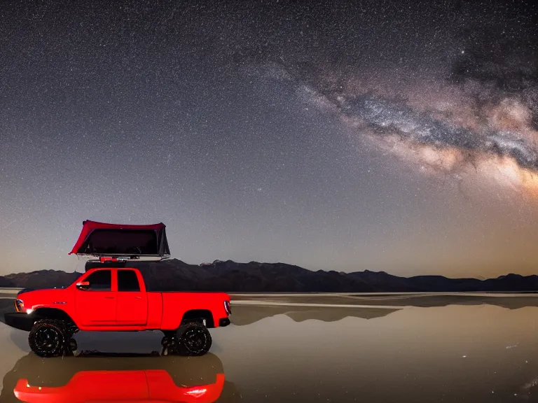 Prompt: dodge ram red power wagon with a roof top tent camping on wet salt flats at night, reflections, long exposure, milky way, award winning, cinematic, Vikram Thomas, 4K