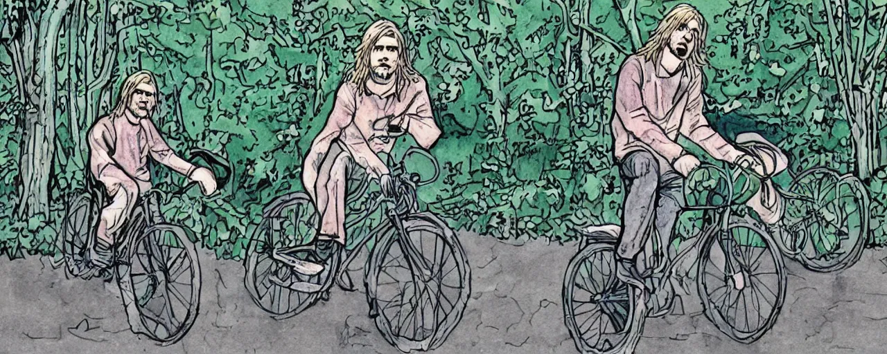 Image similar to beautiful detailed comic illustration of Kurt Cobain on a bicycle on a bicycle, colored