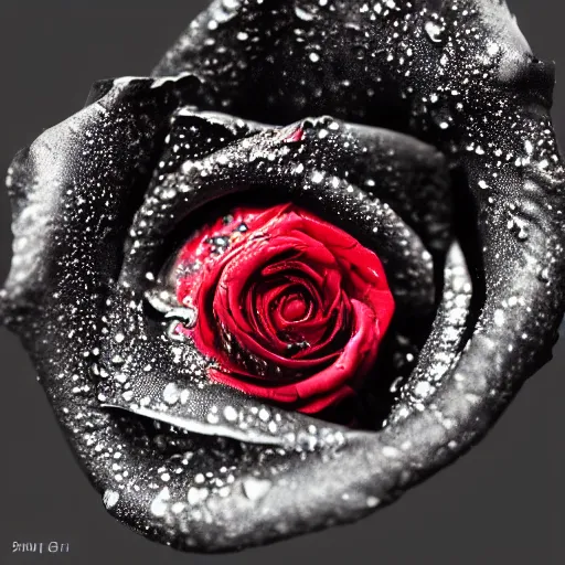 Image similar to a higly detailed close - up photograph of a black rose with blood dripping from it's petals, sigma 7 5 mm, high dof, studio lighting, dramatic light, masterpiece, artstation, 4 k, 8 k, zbrush