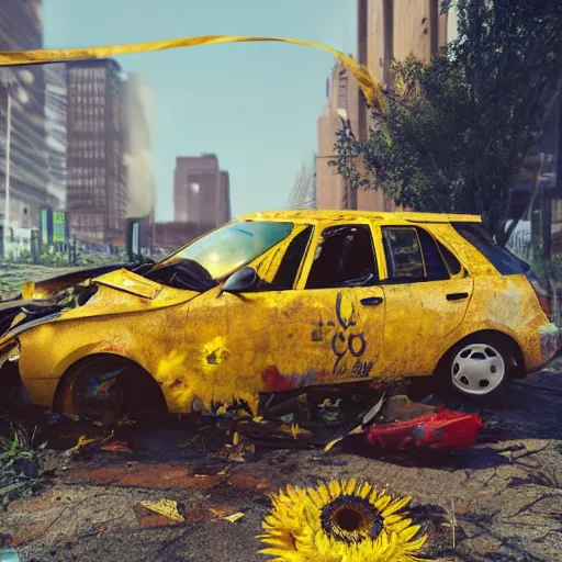 Prompt: car wreckage with ukrainian flag, with graffiti of sunflowers, rusty, volumetric illumination, octane render, cinematic lightning, artstation trending, 8 k