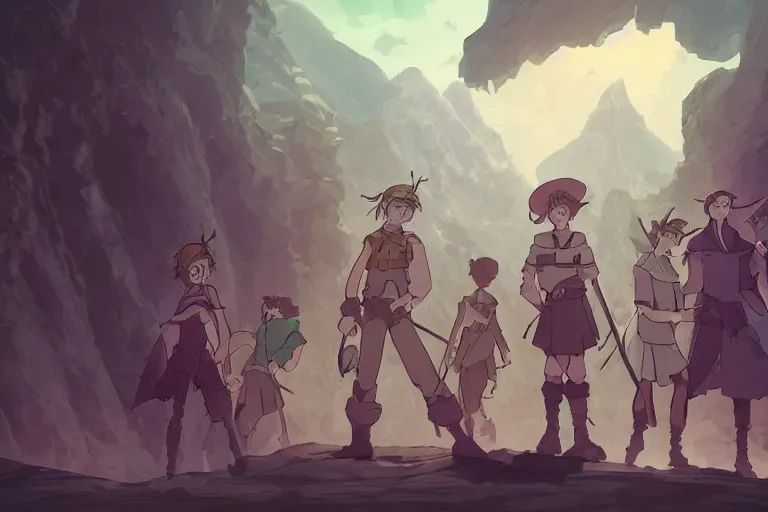 Prompt: cell shaded key visual of a group of adventurers in a dungeon, dramatic lighting, in the style of studio ghibli, moebius, makoto shinkai,