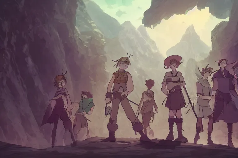 Image similar to cell shaded key visual of a group of adventurers in a dungeon, dramatic lighting, in the style of studio ghibli, moebius, makoto shinkai,