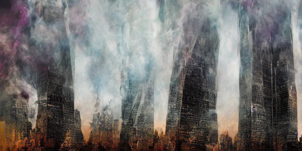 Prompt: psychedelic 9 / 1 1 twin towers, surreal and vibrant plumes of smoke and ash, intricate, high detail, digital painting, ultra realistic, cinematic lighting, wide angle cinematography, artstation, 3 5 mm film grain