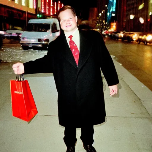 Image similar to 1 9 9 8 andy richter wearing a black wool coat and necktie standing on the streets of chicago at night in winter, holding shopping bags gifts, dynamic lighting, holiday season.