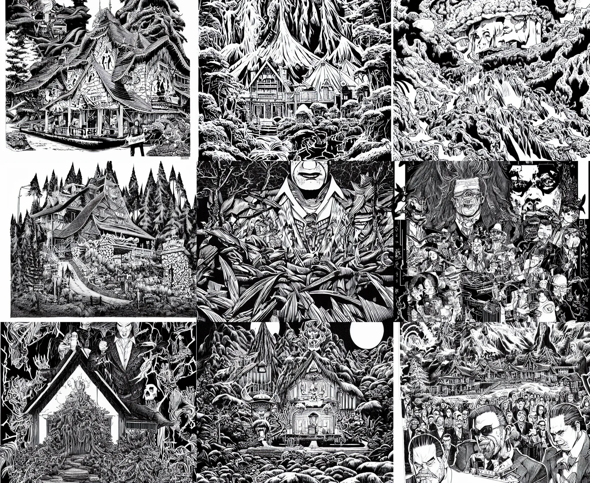 Prompt: highly detailed ink illustration of the black lodge in the show twin peaks, b & w clean shaped illustration by kim jung gi, ron english and eiichiro oda