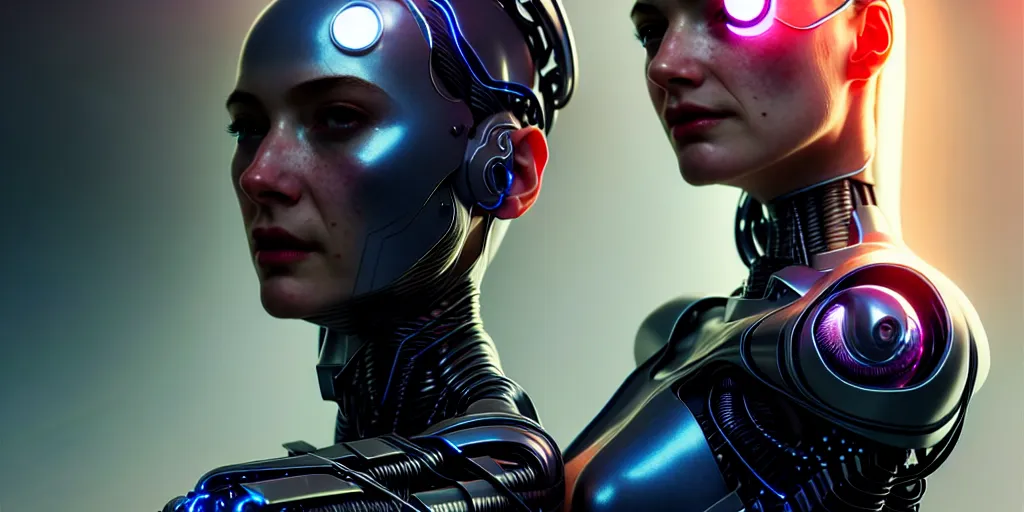 Image similar to ultra realistic, beautiful cyborg woman, metahuman, sci-fi, fantasy, cyberpunk, intricate, elegant, highly detailed, digital painting, octane render, substance painter, zbrush, artstation, concept art, smooth, sharp focus, eerie, illustration, 8k, HD, art by artgerm and greg rutkowski and raphael