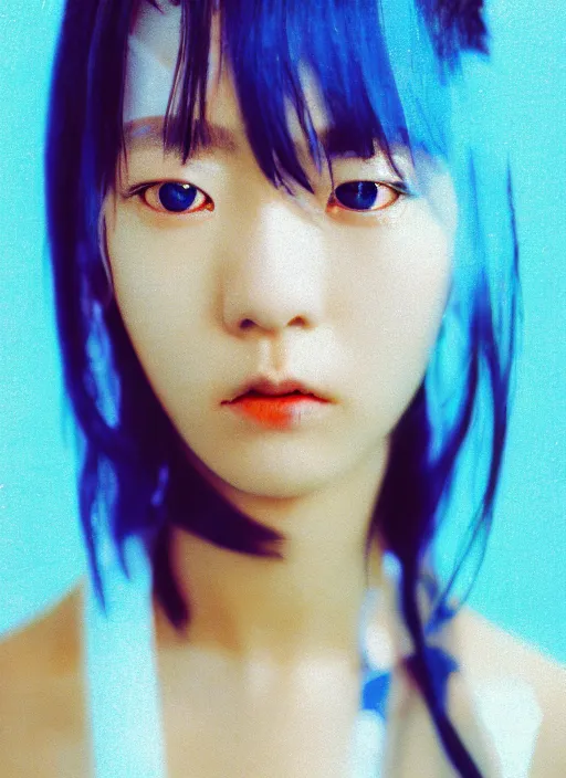 Image similar to a close-up risograph long shot of cyberpunk japanese model girl with black eyes and pretty face wearing lots of transparent and cellophane accessories, blue hour, twilight, cool, portrait, Kodachrome, ISO1200,